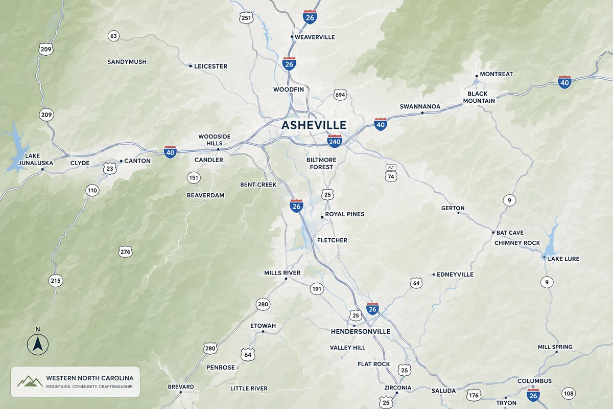 Map of Western North Carolina showing Asheville, Hendersonville, Brevard, Waynesville, Marion and Black Mountain